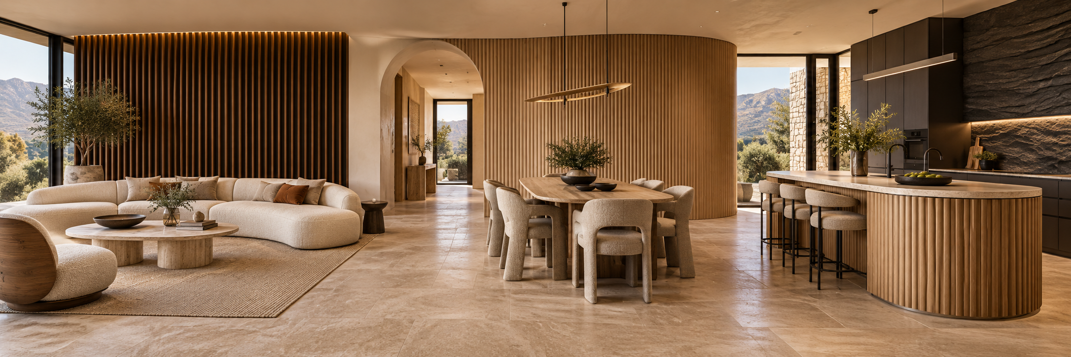 Concept home with a walnut acoustic-panel lounge, oak fluted dining wall and curved kitchen island
